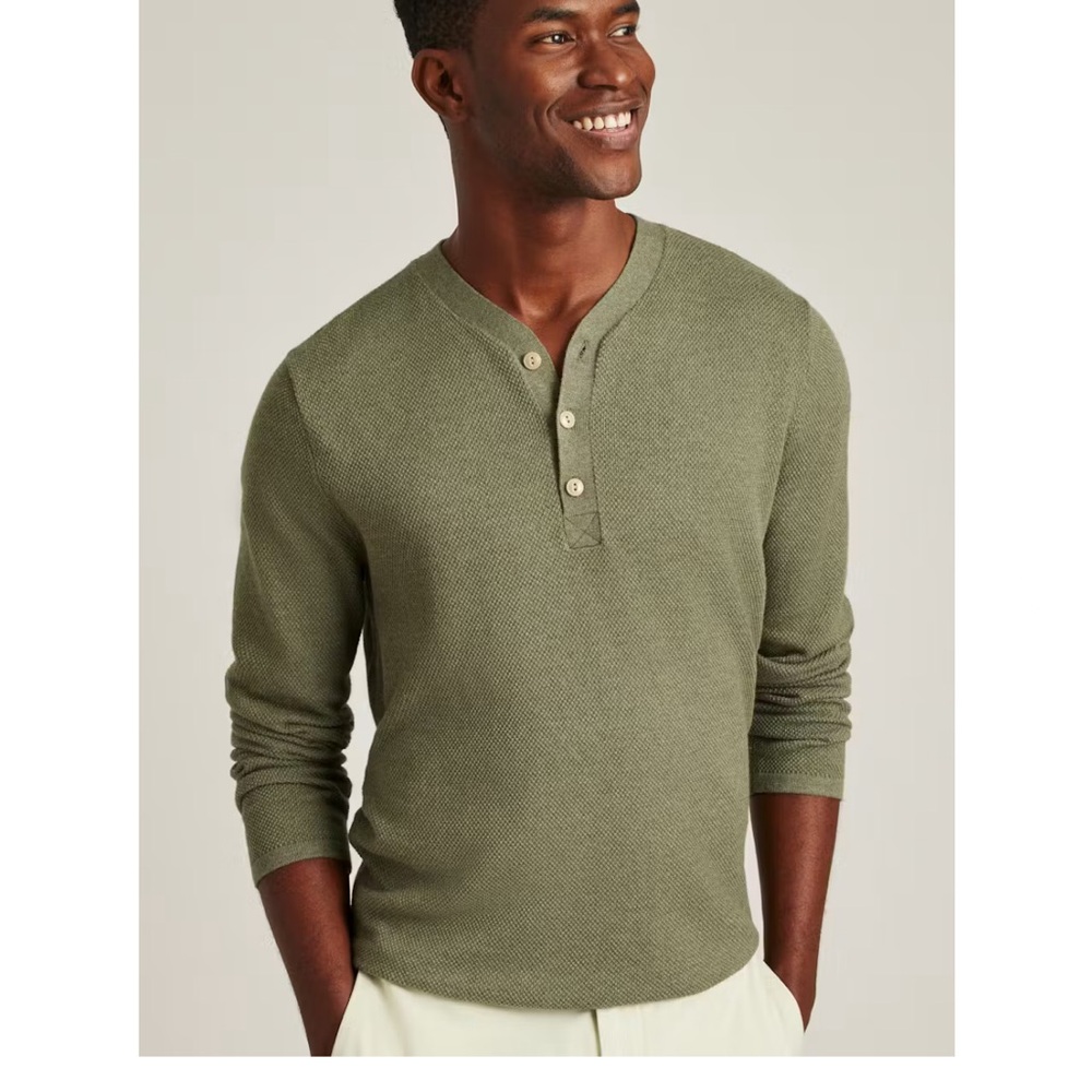 Bonobos Olive Green Waffle Knit Henley Preppy Long Sleeve Air Soft Shirt Men's L